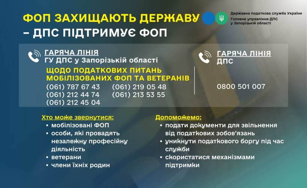 У податковій службі Запорізької області працюють “гарячі лінії” для надання консультацій мобілізованим ФОП